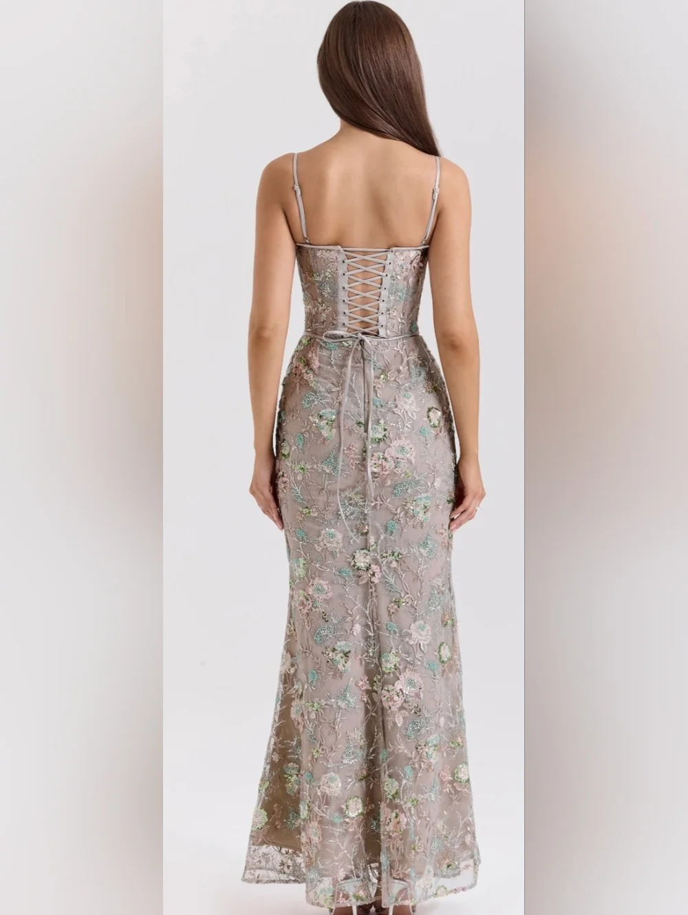 NWOT House of CB Taupe Embroidered Floral Mermaid Gown - Picture 4 of 15